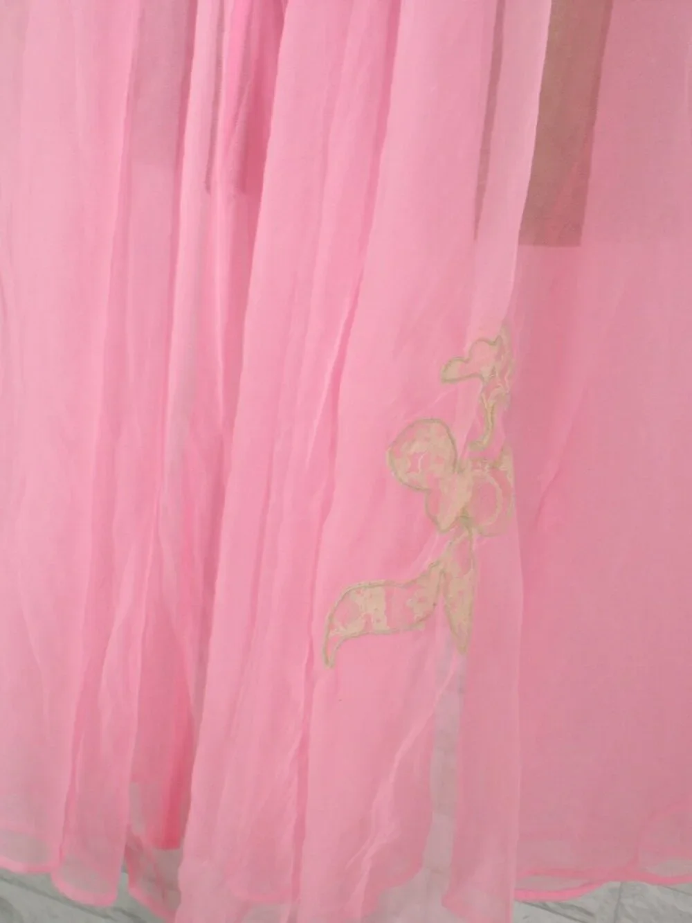 VINTAGE MOVIE STAR Peignoir Sheer Chiffon Puff Sleeves Lace Appliques Pink L